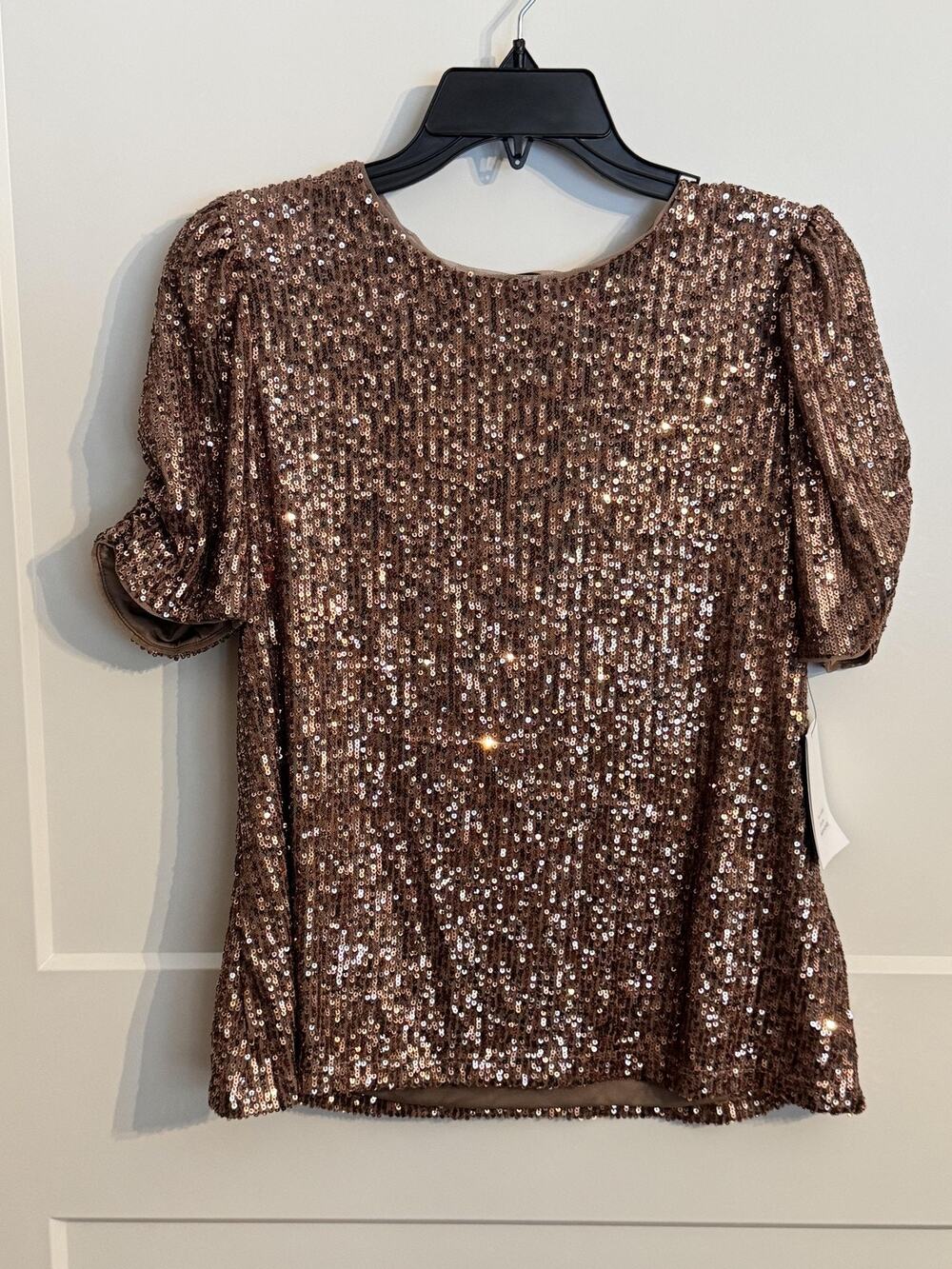 DKNY Blouse Womens Large Gold Sequin Puff Sleeve Mesh Holiday Party Top